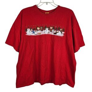 Vintage Peanuts Gang Snoopy T-Shirt XL Red Snowman Winter Snowball Fight